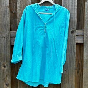 Sea Salt Beautiful Turquoise Colored Cotton Top with Hoodie XL EUC